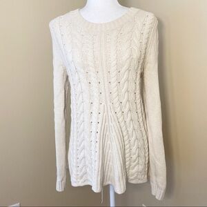CAbi Lace Up Back Cable Knit Ivory Sweater - Small